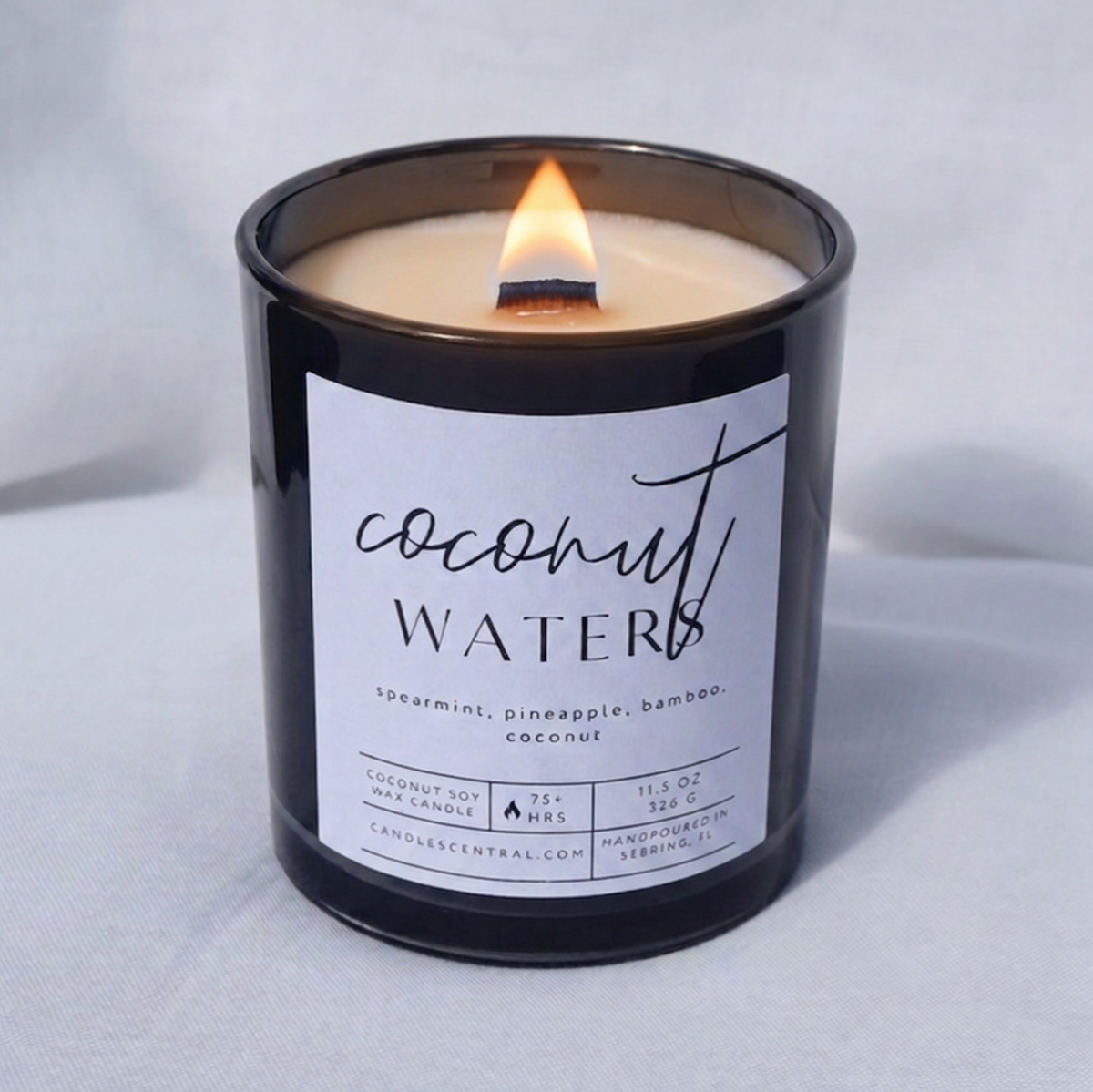 Picture of a candle burning with a label that says "Coconut Waters" along with the fragrance notes of spearmint, pineapple, bamboo, and coconut