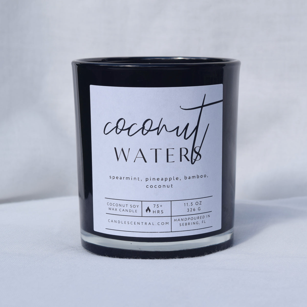 Picture of a candle with a label that says "Coconut Waters" along with the fragrance notes of spearmint, pineapple, bamboo, and coconut