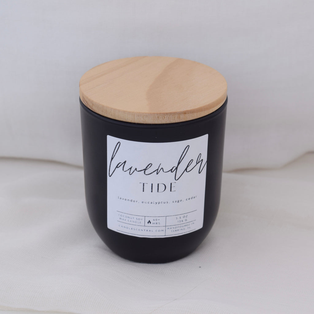 Lavender Tide, a candle scented with lavender, eucalyptus, sage, and cedar